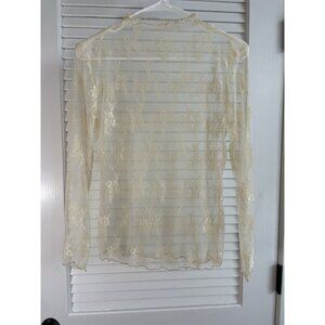 De Vave Beige Cream High Neck Sheer Lace Long Sleeve Sz L NWOT